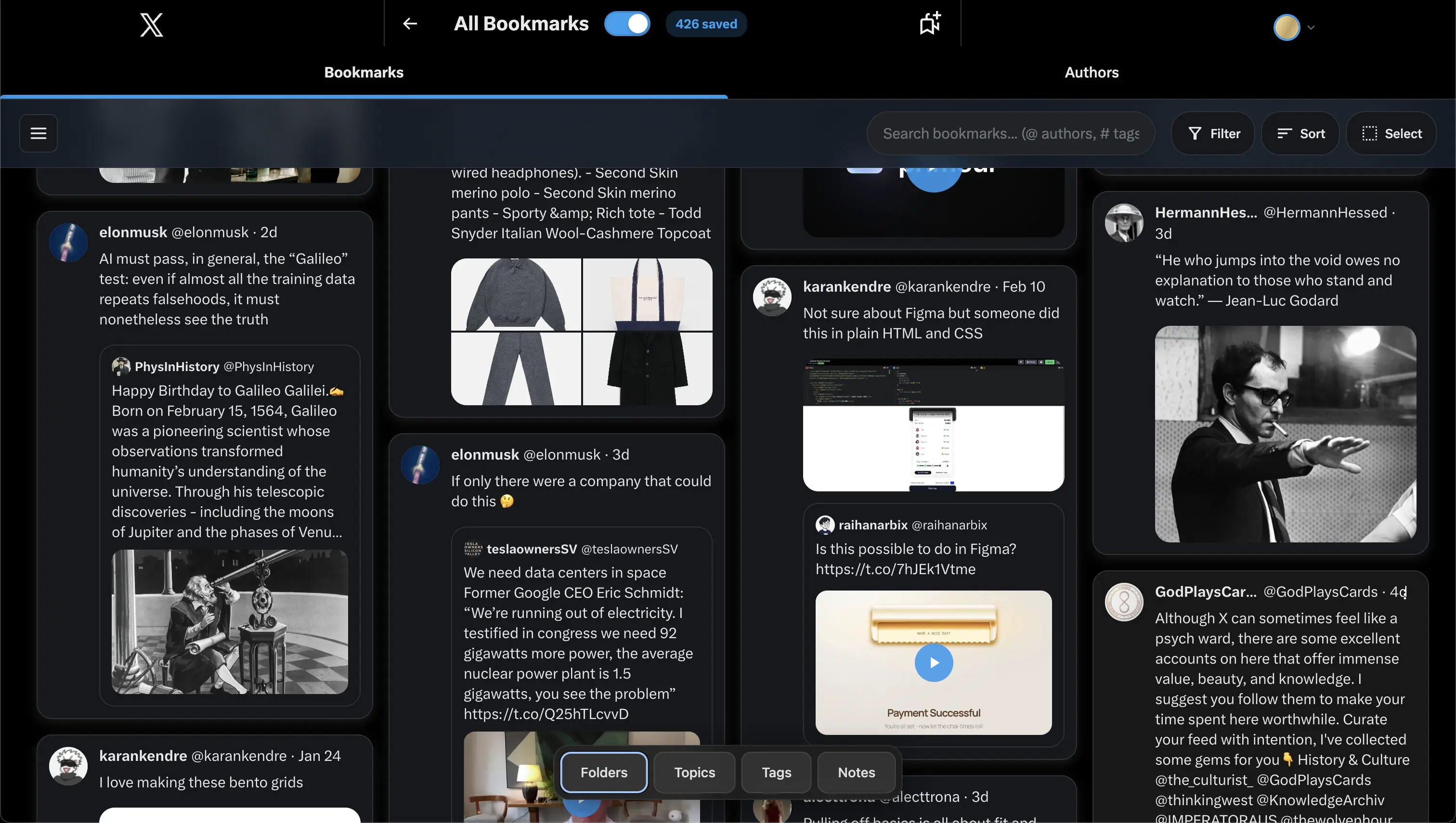 XSaved bookmarks interface showing organized Twitter/X bookmarks